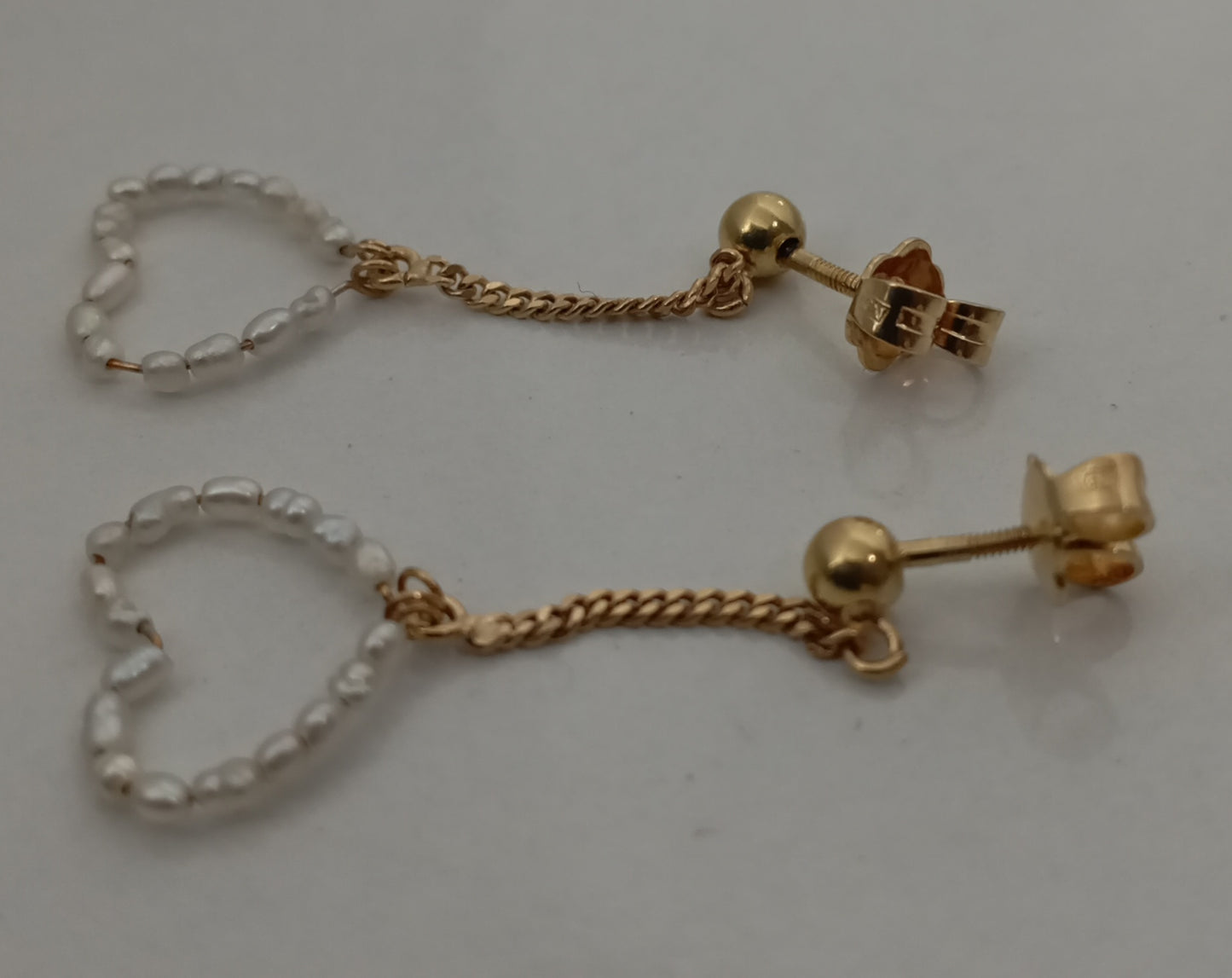 Vintage Pearl and 18K Gold Seed Bead Dangle Earrings, Hearts