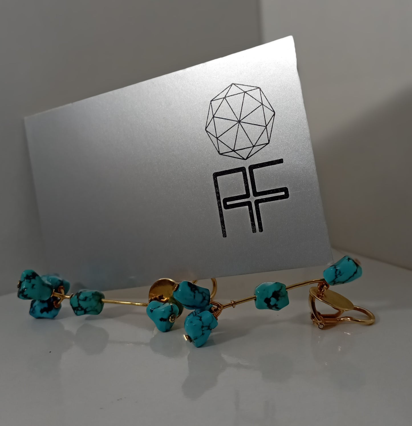 Unique one-of-a-kind 18k Gold Ear Clips with Turquoise, Swiss Goldsmith work with Certificate from 1965