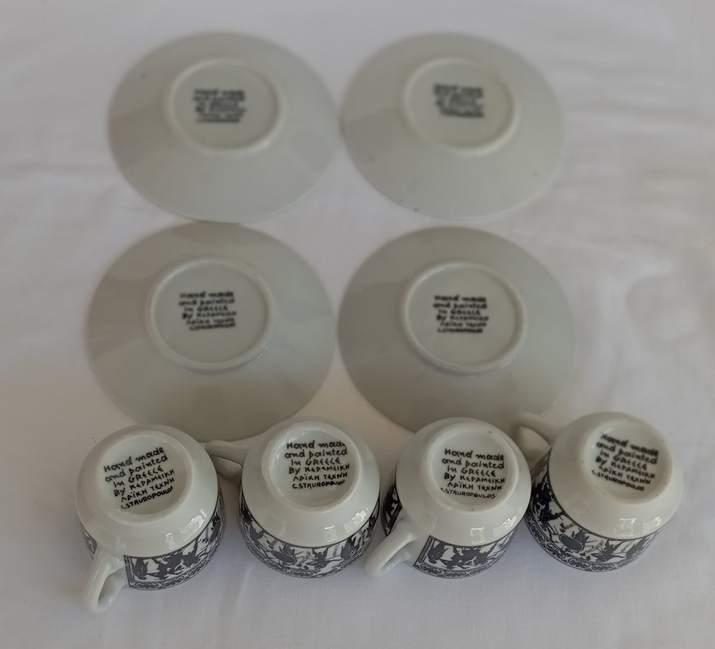 Greek Ceramic Pottery, Vintage from the 1970s, 4 x demi-cups and Saucers, Signed