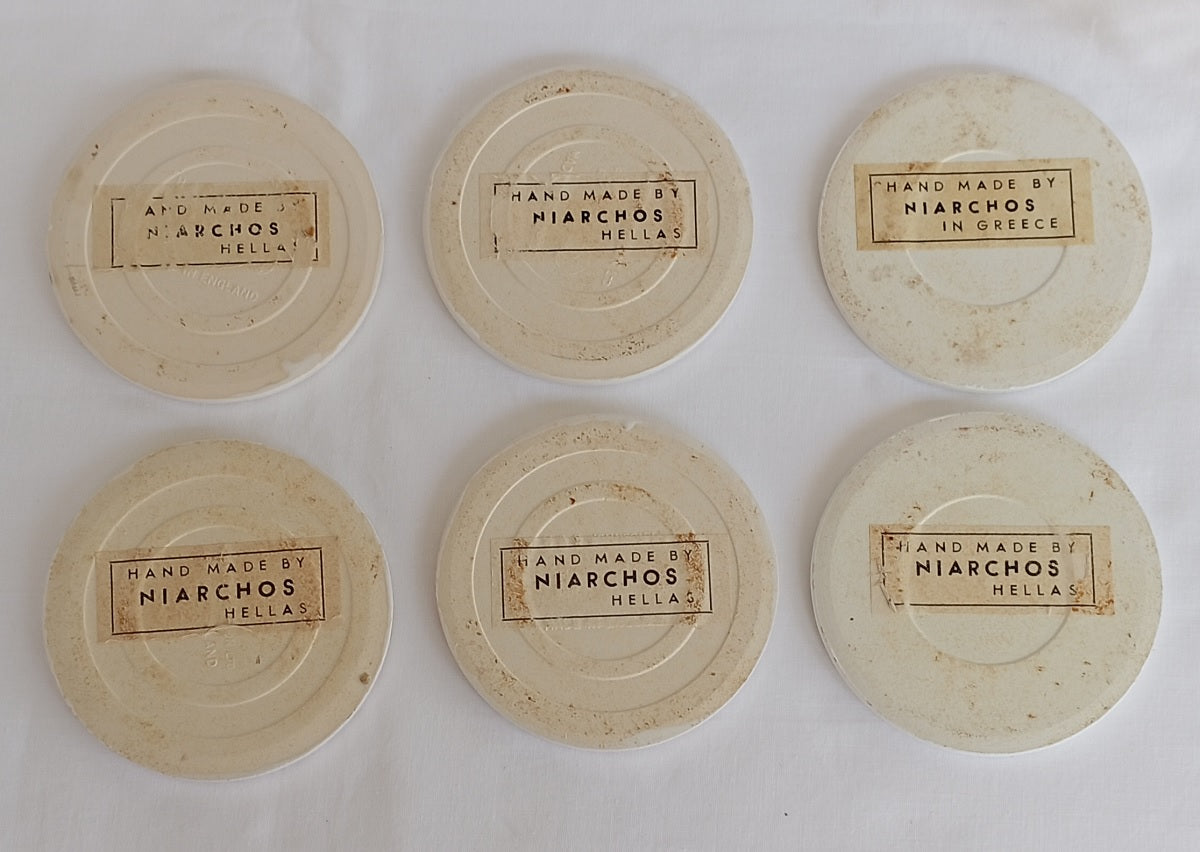 Vintage Set of 6 Niarchos Greek Hand-Painted Ceramic Coasters from the 1970s