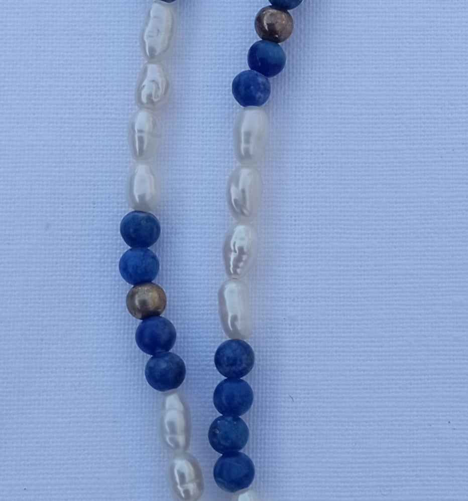 Lapis Lazuli and Biwa Pearl Necklace with 7 Gold Pearls - Vintage from the 1980s