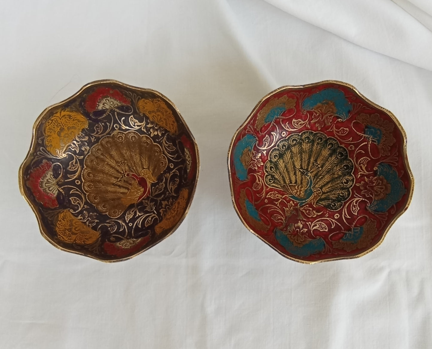 Buddhist Offering Bowl Set, Vintage Cloisonne Brass Enamel Peacock Bowl - 1960s Made in India
